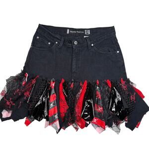 Custom Y2K Black Denim Mini Skirt Red & Black Shredded Tutu Hem Goth Punk 30''